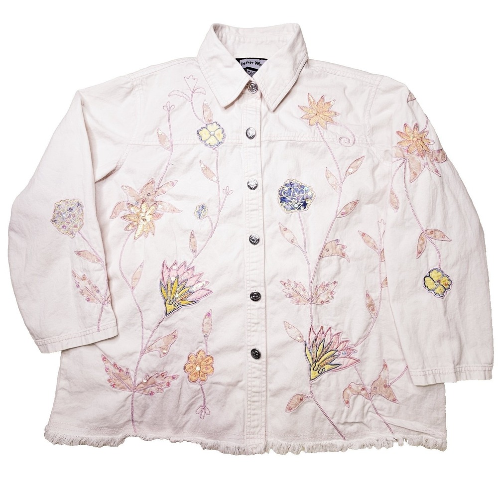 Indigo Moon Embroidered Floral Sequin Denim Jacket 1X Boho Art to Wear Cottage